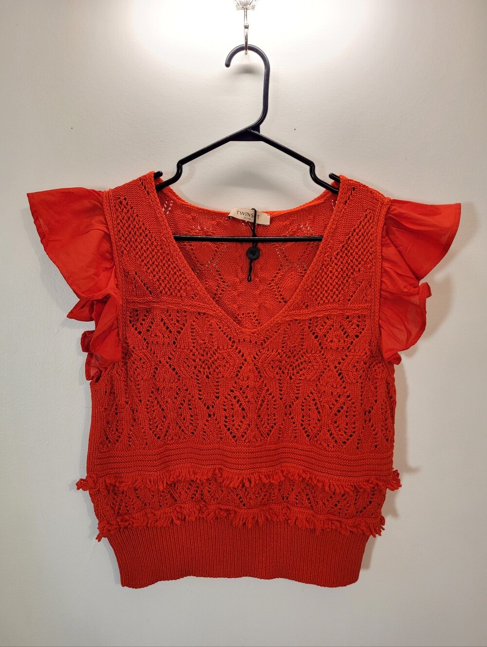 Twin-Set Red Cotton Blend Crochet Top V neck, Flounce Sleeves Knit Top - Size Xl